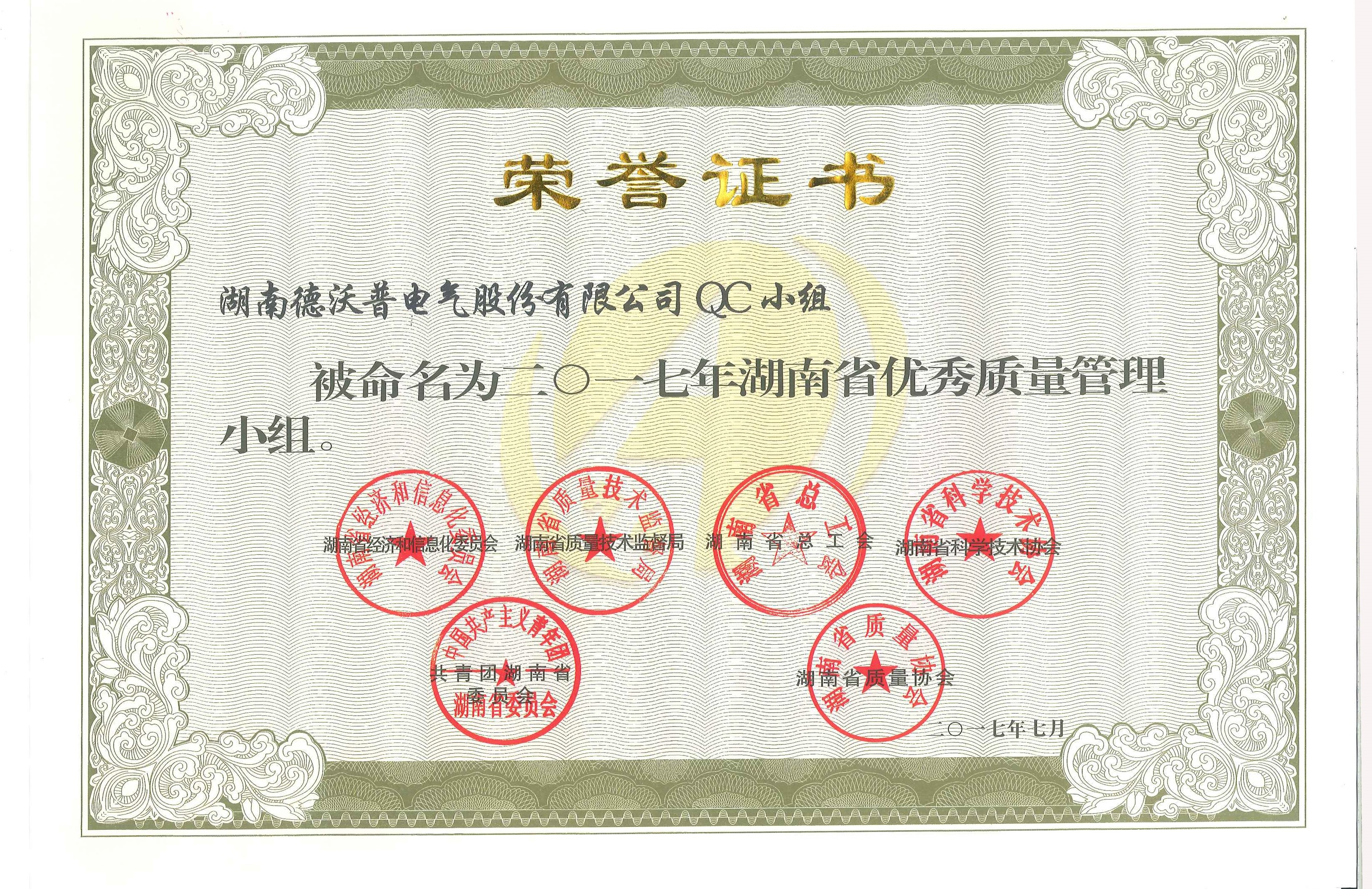 2017年湖南省優(yōu)秀質(zhì)量管理小組榮譽(yù)證書(shū)